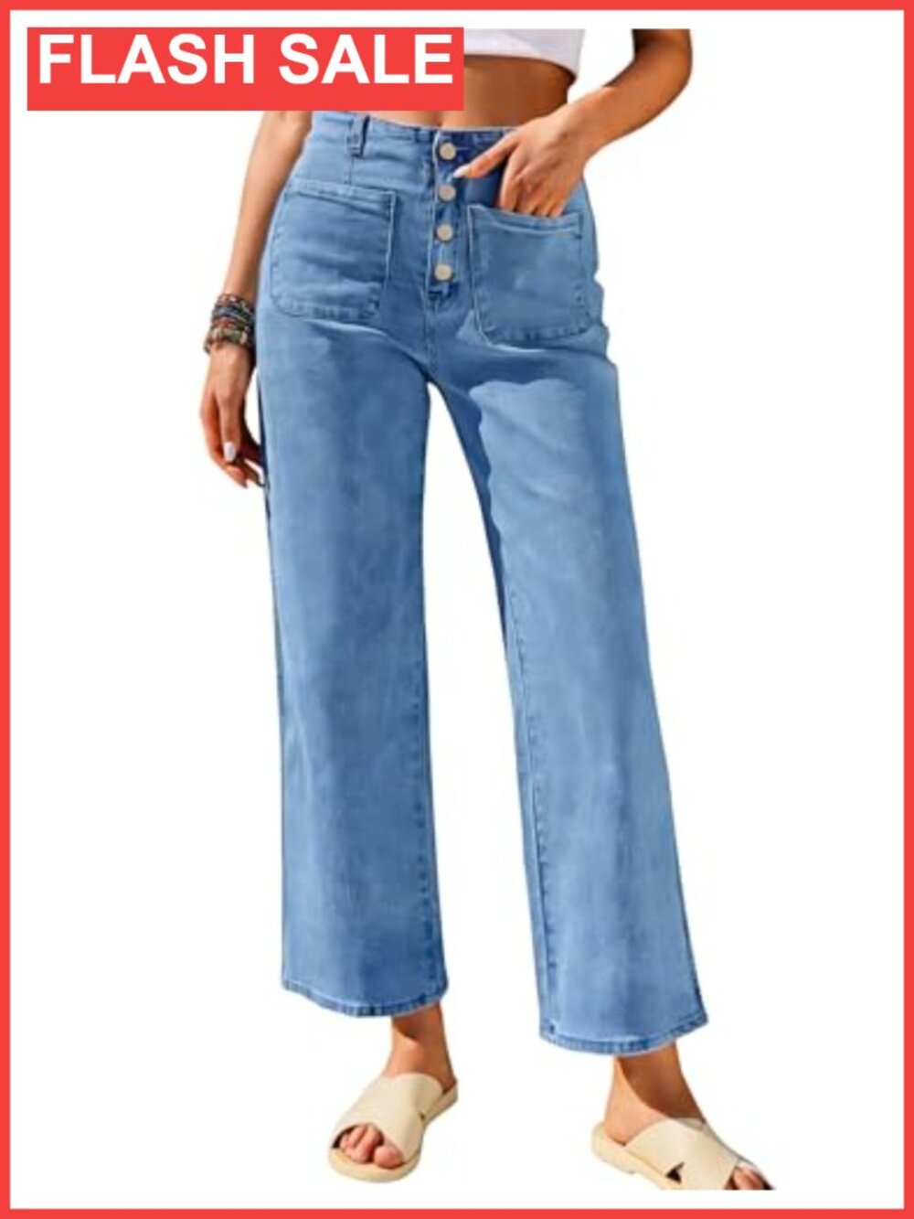 High Waisted Wide Leg Cropped Jeans Buttoned Patch Pockets Stretchy Denim
